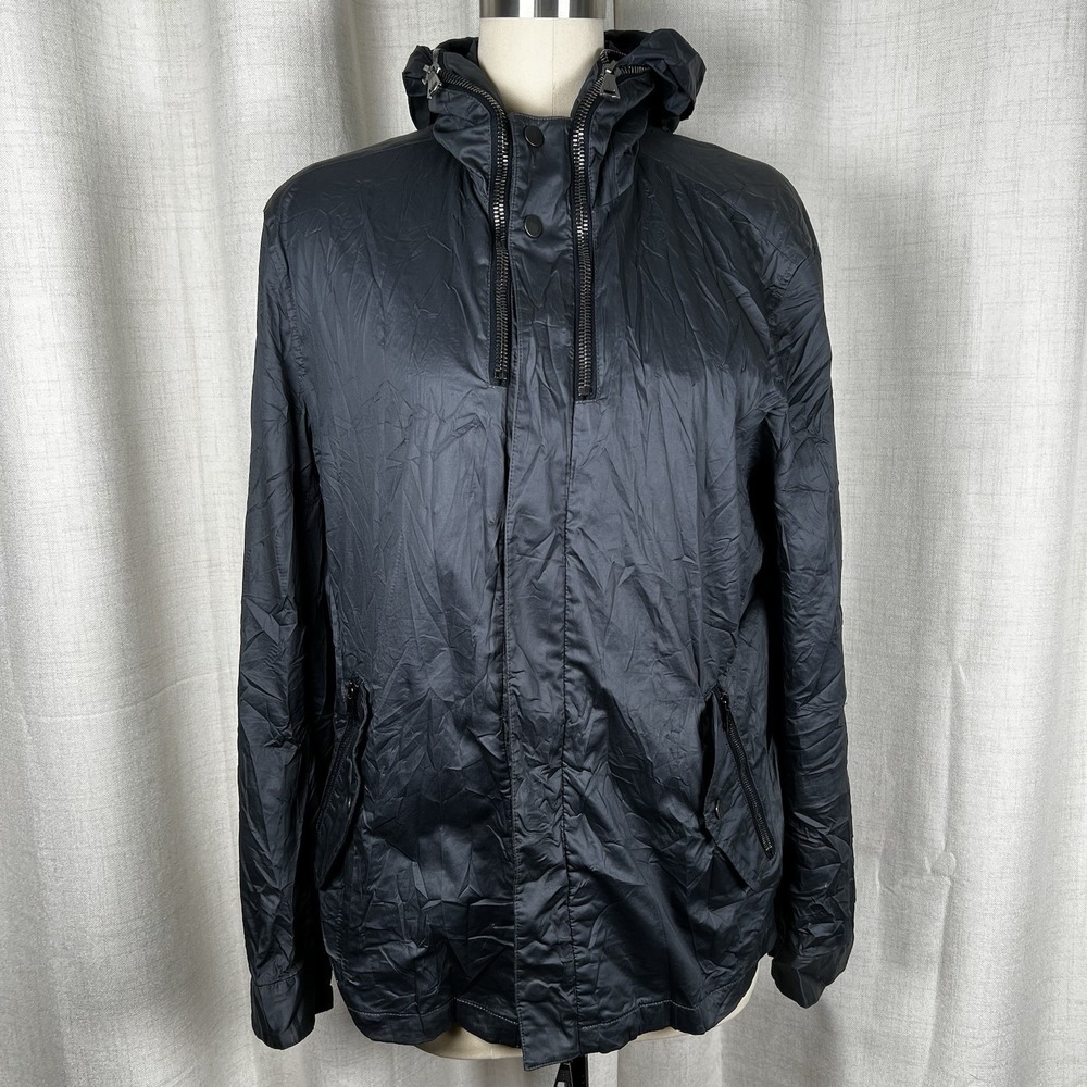 John Varvatos Waxed Cotton Shell Rain Jacket Blue Men's 52 Zip Up Hooded
